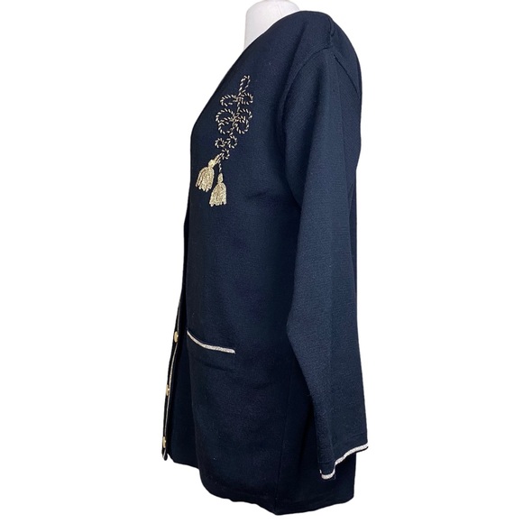 Vintage Talbots Black Wool Cardigan Sweater Gold Trim Sz Medium Made in Italy - Picture 3 of 6